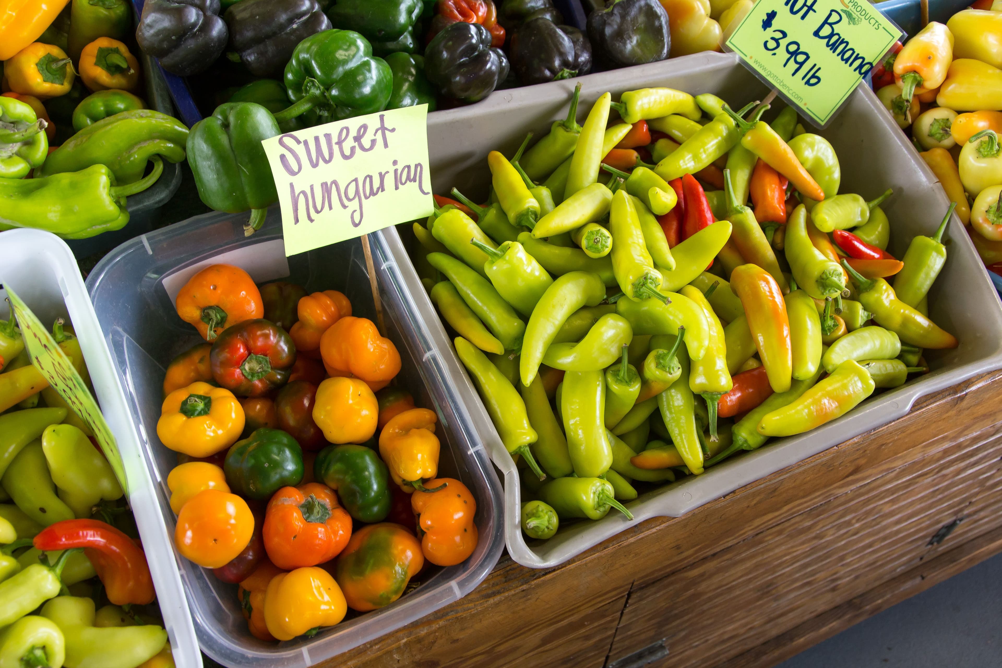 Vibrant peppers at a farmers market